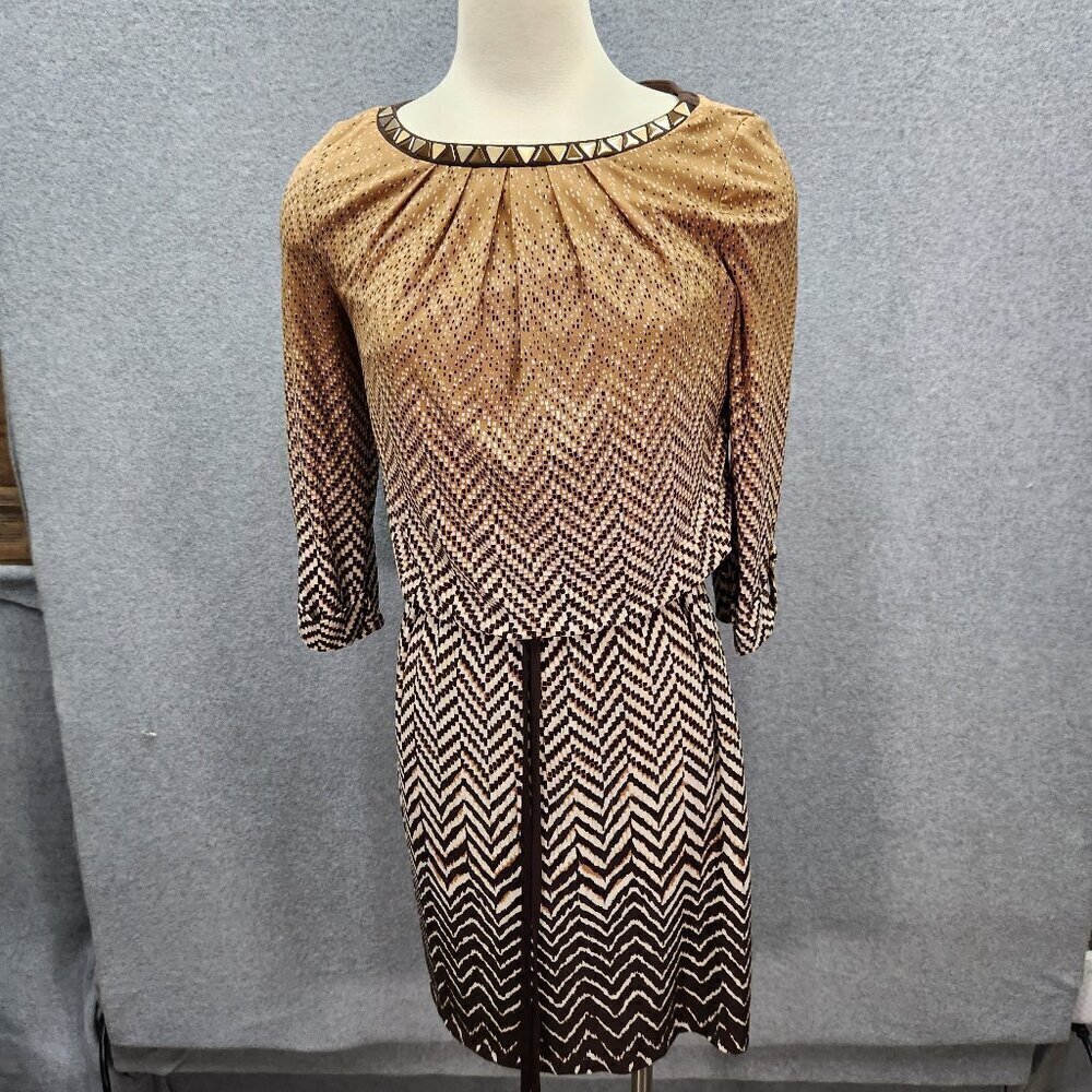 London Times Womens Size 4 Brown Chevron Pattern Dress With Studded Neckline